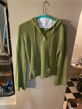 Compliments Olive Green Hooded Knit Sweater with Buttoned V‑Neck